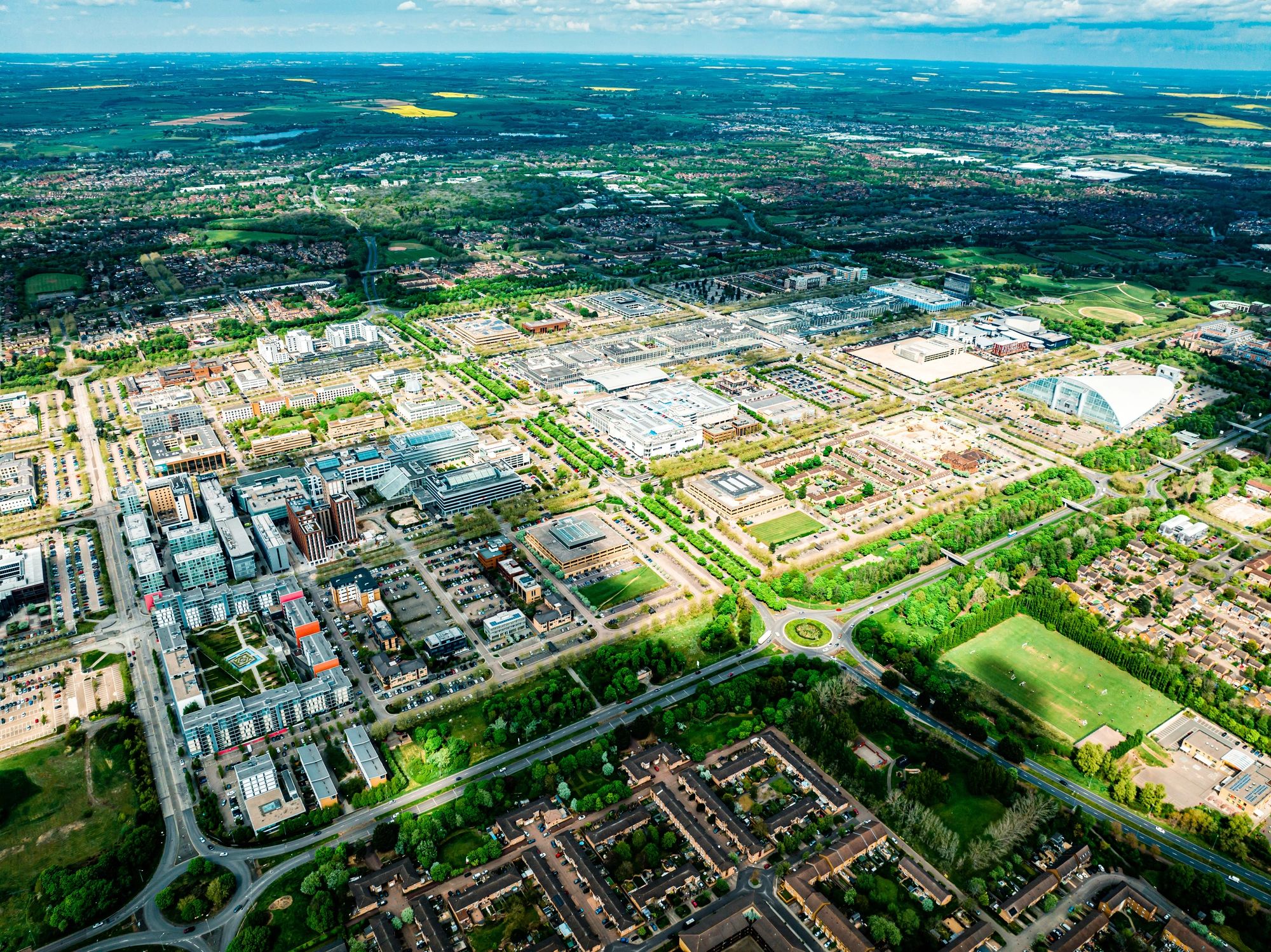 Aerial view of a planned urban district with green space